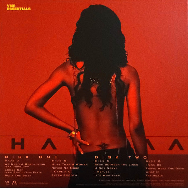 Image of Back Cover of 2xLP - VG/VG+ - AALIYAH, Aaliyah (Blackground Records ; ERE674, US 2022 Reissue, Gold Foil-blocked Gatefold, Booklet, Print, Red & Gold Galaxy Vinyl, NO Obi, Vinyl Me, Please edition), Strong VG cover - just top corner bump,  - 2746181S