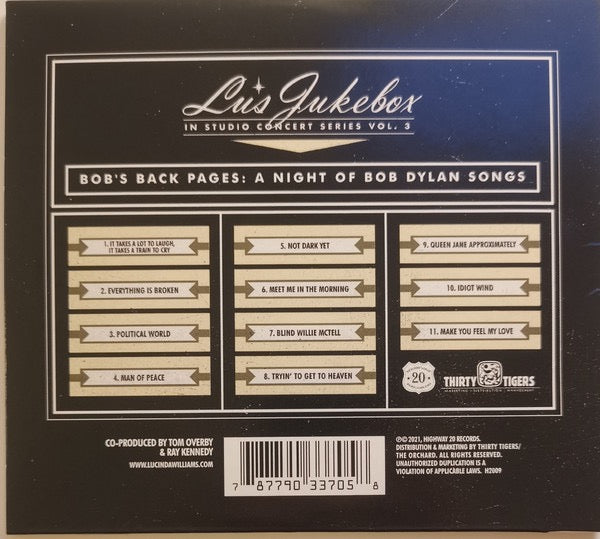 Image of Back Cover of CD - VG+/VG+ - LUCINDA WILLIAMS, Bob's Back Pages: A Night Of Bob Dylan Songs (Highway 20 Records; H2009, UK 2021 Reissue, Fold Over Sleeve), ,  - 2716357C