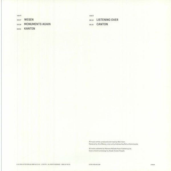 Image of Back Cover of LP - EX/EX - NILS FRAHM, Night (Leiter; LTR049, Europe 2025), Still In Opened Shrinkwrap, Nils Frahm follow up to 'Day', the collection of solo piano music he released in 2024.Nils recorded the pieces on 'Night' on the Klavins M450 piano, installed in his studio at the renowned Funkhaus complex in Berlin. It was built by German-Latvian piano maker David Klavins for the first Piano Day in 2015, a celebration that marked its 10th anniversary this March. At 4.5 meters tall and weighing