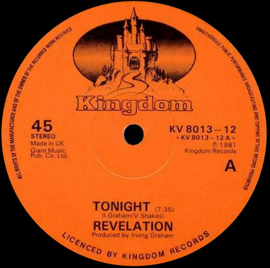 Image of Front Cover of 12" - VG/VG+ - REVELATION, Tonight (Kingdom Records; KV 8013-12, UK 1981, Reggae Disco 45 Sleeve), ,  - 2716406C