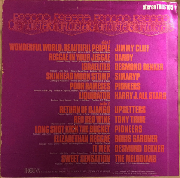 Image of Back Cover of LP - VG/VG - VARIOUS ARTISTS, Reggae Chartbusters (Trojan Records; TBLS 105, UK 1969, Laminated Front Sleeve), Light lines only, decent copy.,  - 2716406C