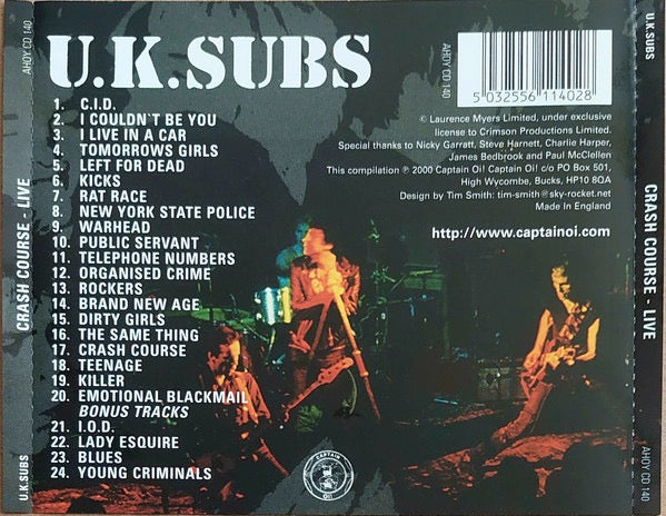 Image of Back Cover of CD - VG+/VG+ - U.K. SUBS, Crash Course - Live (Captain Oi!; AHOY CD 140, UK 2000 Reissue, Jewel Case), ,  - 2716452C