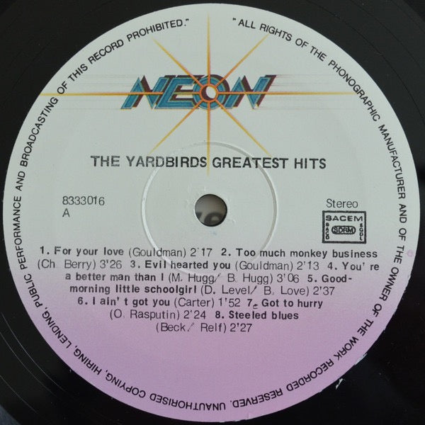 Image of Label Cover of LP - VG/VG - THE YARDBIRDS, Greatest Hits (Neon; N 8333016, France 1980s Reissue), ,  - 2716373C