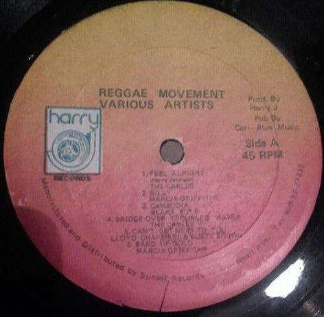 Image of Label Cover of LP - VG/G+ - VARIOUS ARTISTS, Reggae Movement (Harry J Records; TBL 144, Jamaica 1970), JA press with flaws, stains and splatter effect; plays solid above grade. Light storage wear on sleeve.,  - 2716411C