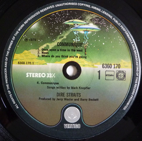 Image of Label Cover of LP - VG/VG - DIRE STRAITS, Communiqu  (Vertigo; 6360 170, Netherlands 1979, Embossed Sleeve, Inner), Slight matrix variation. Light marks only. Edge and ring wear, small staining on front of sleeve, creasing. ,  - 2726249E