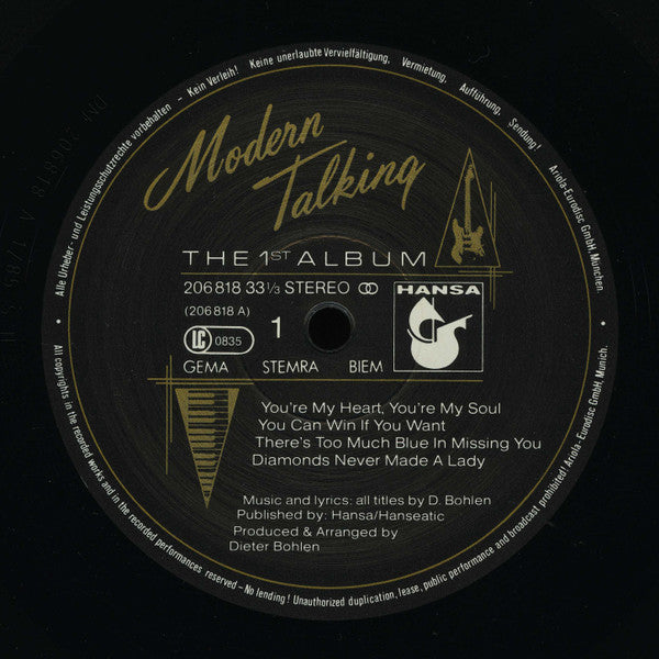 Image of Label Cover of LP - VG/G+ - MODERN TALKING, The 1st Album (Hansa; 206 818, Europe 1985, No Inner), ,  - 2716426C