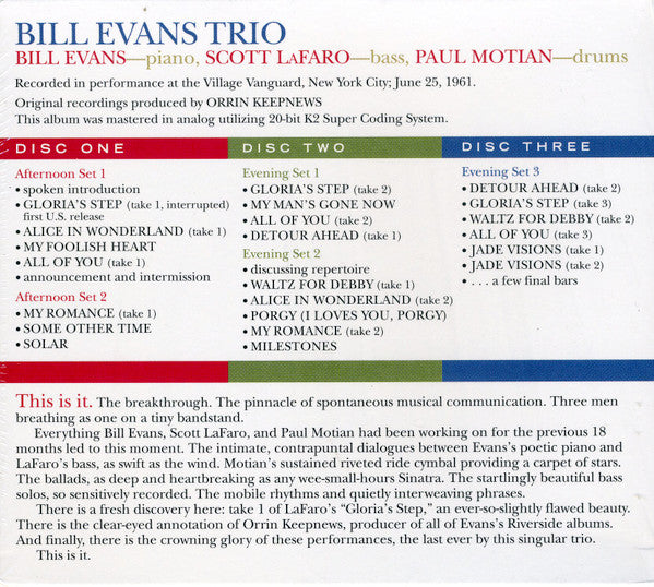 Image of Back Cover of 3xCD - VG+/VG+ - BILL EVANS, The Complete Village Vanguard Recordings, 1961 (Riverside Records; 3RCD-4443-2, US , Box Set, Booklet), ,  - 2736169E