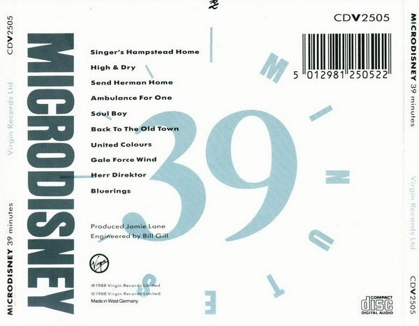 Image of Back Cover of CD - VG+/VG+ - MICRODISNEY, 39 Minutes (Virgin; CDV 2505, UK 1988, Jewel Case), ,  - 2716464C