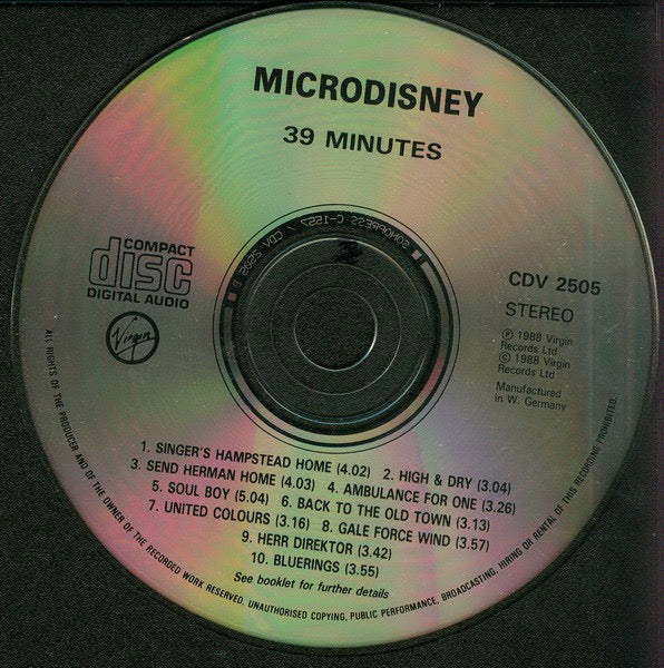 Image of Label Cover of CD - VG+/VG+ - MICRODISNEY, 39 Minutes (Virgin; CDV 2505, UK 1988, Jewel Case), ,  - 2716464C