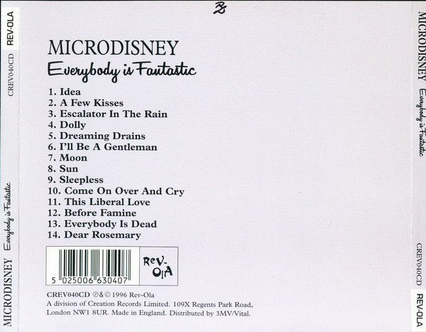 Image of Back Cover of CD - VG+/VG+ - MICRODISNEY, Everybody Is Fantastic (Rev-Ola; CREV040CD, UK 1996 Reissue, Jewel Case), ,  - 2716466C