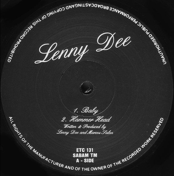 Image of Back Cover of 12" EP - VG/VG - LENNY DEE, Untitled (ETC; ETC 131, Belgium 1992, Picture Sleeve), Strong VG,  - 2726321E