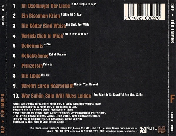 Image of Back Cover of CD - VG+/VG+ - DEUTSCH AMERIKANISCHE FREUNDSCHAFT, F r Immer (The Grey Area; DAF3CD, UK 1998 Reissue, Jewel Case), ,  - 2716472C