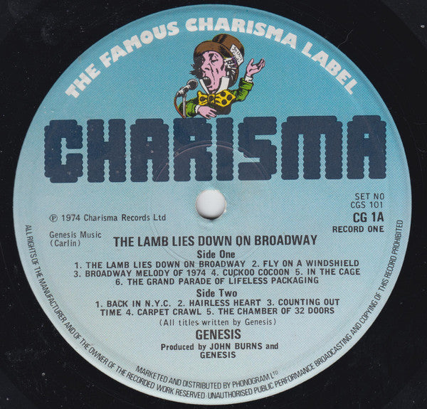 Image of Label Cover of 2xLP - VG/VG - GENESIS, The Lamb Lies Down On Broadway (Charisma; CGS 101, UK Reissue, Gatefold, 2 Inners, 80s Reissue), Hairlines. Small tear to top edge, creasing, discolouration, edge wear.,  - 2726240E