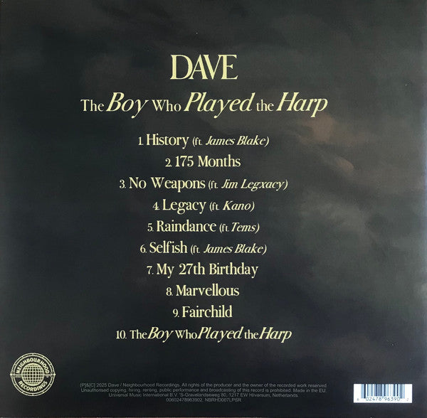 Image of Back Cover of 2xLP - VG+/EX - DAVE , The Boy Who Played The Harp (Neighbourhood Recordings; NBRHD007LPSR, Europe 2025, 2 Inners, Yellow Vinyl), Creasing, light corner wear.,  - 2726239E