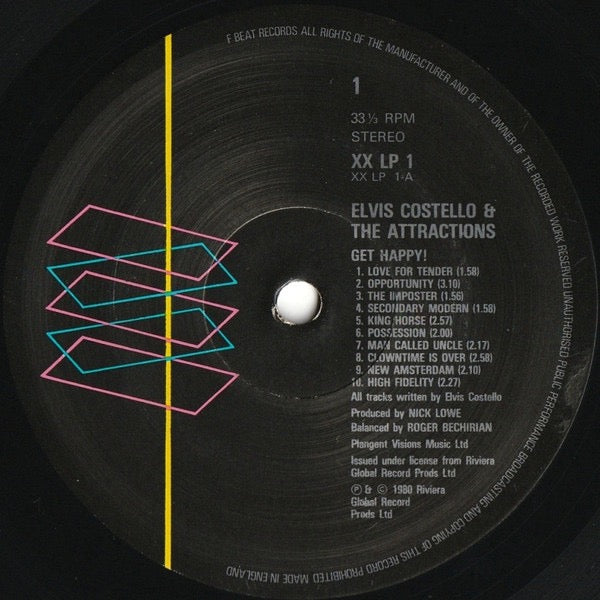 Image of Back Cover of LP - VG+/VG - ELVIS COSTELLO AND THE ATTRACTIONS, Get Happy!! (F-Beat; XXLP1, UK 1980, Laminated Sleeve, Inner, Poster), ,  - 2716494C