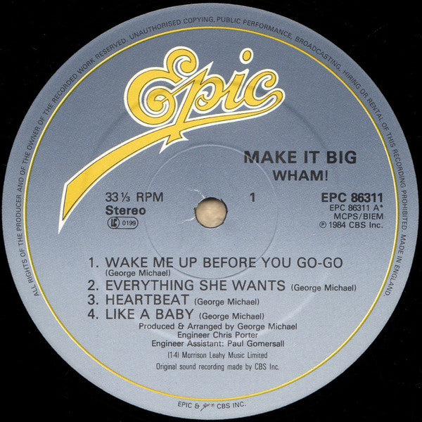 Image of Label Cover of LP - VG/VG - WHAM!, Make It Big (Epic; EPC 86311, UK 1984, Inner & Insert, No poster, Rear sleeve upside down), Mildew marks on inner. Some creasing to sleeve.,  - 2726341E