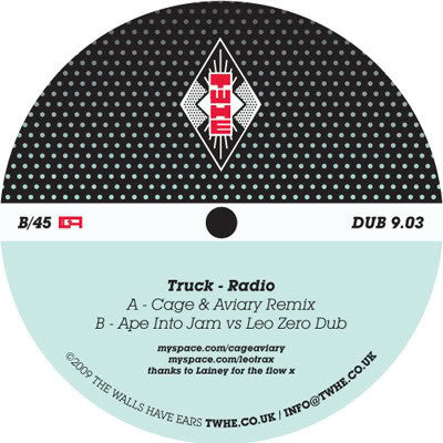Image of Front Cover of 12" - /G+ - TRUCK, Radio (The Walls Have Ears ; EARS 3005, UK 2009, Plain Sleeve), Light Marks only., 	A	Radio (Cage & Aviary Remix)B	Radio (Ape Into Jam vs Leo Zero Dub) - 2726331E
