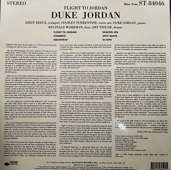 Image of Back Cover of LP - VG+/VG+ - DUKE JORDAN, Flight To Jordan (Blue Note; 602455845955, Worldwide 2025 Reissue, Gatefold, 180 Gram, Tone Poet), ,  - 2716505C