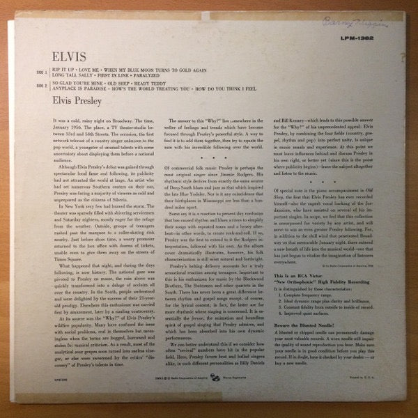 Image of Back Cover of LP - VG/VG - ELVIS PRESLEY, Elvis (RCA Victor; LPM-1382, US 1956, Mono. 17S/17S), Strong VG,  - 2716497C