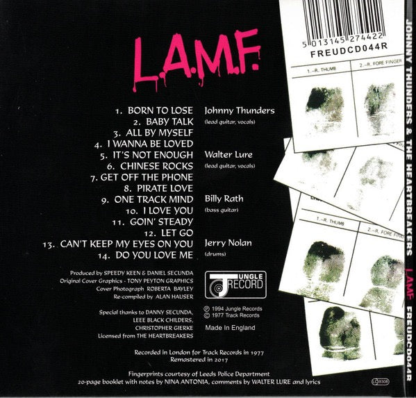 Image of Back Cover of CD - VG+/VG+ - JOHNNY THUNDERS & THE HEARTBREAKERS, L.A.M.F. (The Lost '77 Mixes) (Jungle Records; FREUDCD044R, UK 2017 Reissue, Fold Over Sleeve, Booklet), ,  - 2716517C