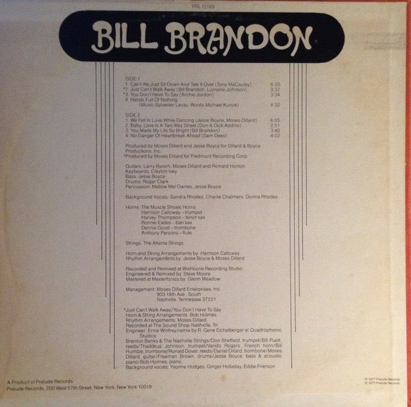 Image of Back Cover of LP - VG/VG - BILL BRANDON, Bill Brandon (Prelude Records; PRL 12149, US 1977, Pasteback Sleeve), Shelf and corner wear to sleeve. Solid VG across the board.,  - 2716509C