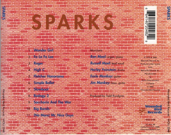 Image of Back Cover of CD - VG+/VG+ - SPARKS, Sparks (Wounded Bird Records; WOU 2048, US 2006 Reissue, Jewel Case), ,  - 2716520C