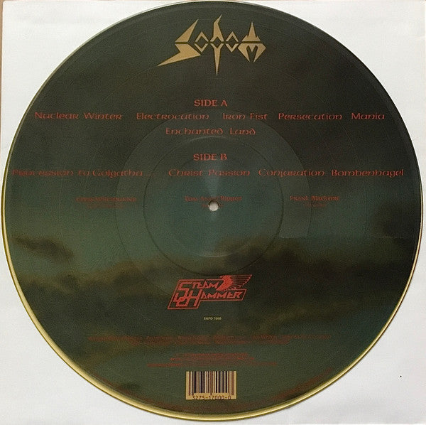 Image of Back Cover of LP - VG/VG+ - SODOM, Persecution Mania (Steamhammer; SHPD 7000, US 1987, Die Cut Sleeve, Picture disc, Clear rim), A few light marks on record.  With glossy black die cut sleeve, no label details on rear. ,  - 2726349E