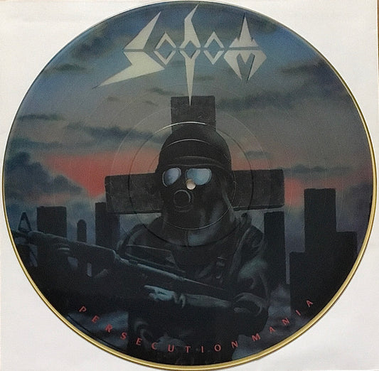 Image of Front Cover of LP - VG/VG+ - SODOM, Persecution Mania (Steamhammer; SHPD 7000, US 1987, Die Cut Sleeve, Picture disc, Clear rim), A few light marks on record.  With glossy black die cut sleeve, no label details on rear. ,  - 2726349E