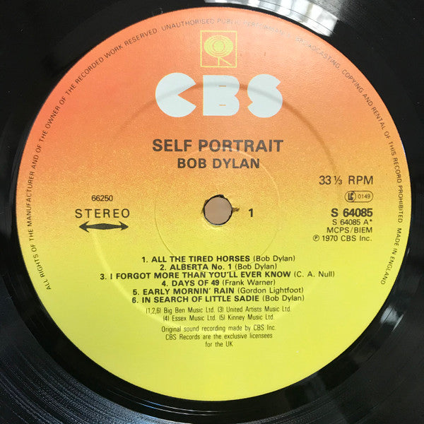 Image of Label Cover of 2xLP - VG/VG+ - BOB DYLAN, Self Portrait (CBS; CBS 66250, UK 1970s Reissue, Glossy Gatefold), Gold CBS promo copy stamp on rear.,  - 2726365E