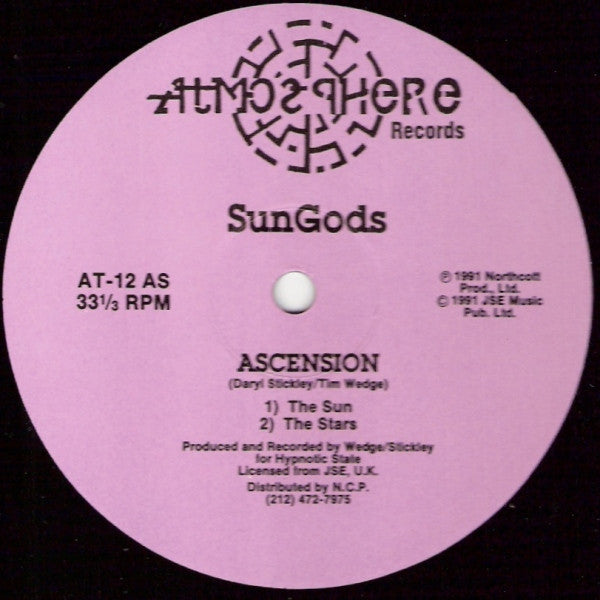 Image of Back Cover of LP - /VG+ - SUNGODS, Ascension (Atmosphere Records; AT-12, US 1991), Highlighter on label, It's all about the Bonus Beats mix! - 2846031S