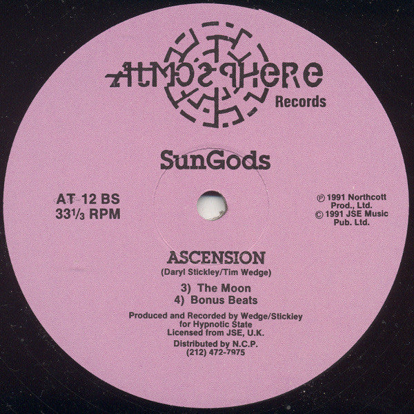 Image of Label Cover of LP - /VG+ - SUNGODS, Ascension (Atmosphere Records; AT-12, US 1991), Highlighter on label, It's all about the Bonus Beats mix! - 2846031S