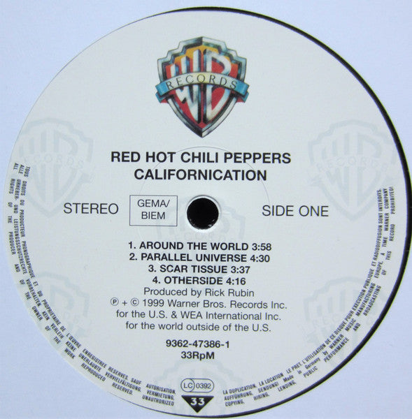 Image of Label Cover of 2xLP - VG+/VG - RED HOT CHILI PEPPERS, Californication (Warner Bros. Records ; 9362-47386-1, Europe 2012 Reissue, NO Insert, One Pressing Ring), Hairlines,  - 2846001S