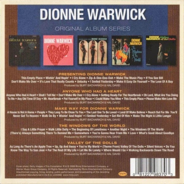 Image of Back Cover of 5xCD - VG+/VG+ - DIONNE WARWICK, Original Album Series (Rhino Records; 8122 79837 0, Europe 2010, Box Set, 5 Inners), ,  - 2816018C