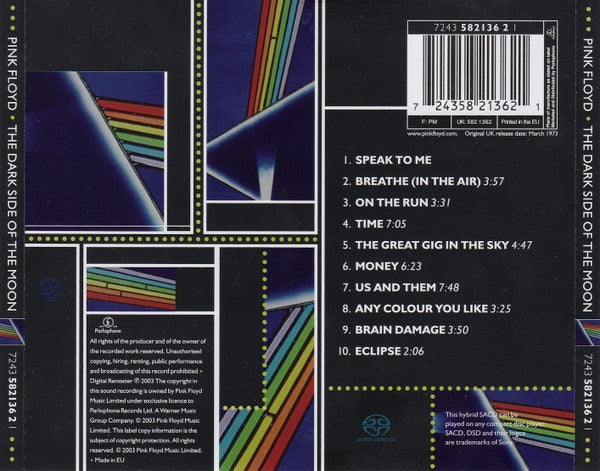 Image of Back Cover of CD - VG+/VG+ - PINK FLOYD, The Dark Side Of The Moon (Parlophone; 7243 582136 2 1, Europe 2014 Reissue, Jewel Case), ,  - 2816022C