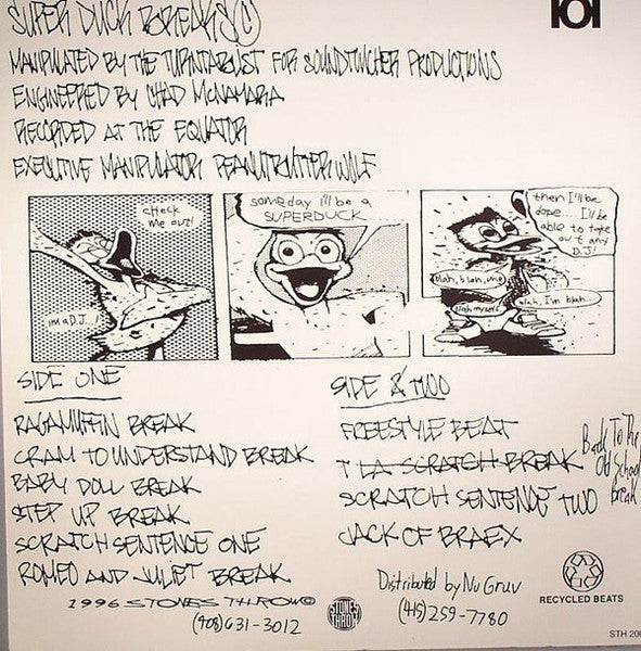Image of Back Cover of LP - VG/VG - THE TURNTABLIST, Superduckbreaks ...The Saga Begins (Stones Throw Records; STH 2004, US 1996, Picture Sleeve), Very strong VG, only two noticeable marks but only hairlines,  - 2726235E
