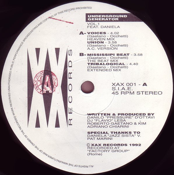 Image of Front Cover of 12" - /VG+ - UNDERGROUND GENERATOR, Vol. 1 (XAX Records; XAX 001, Italy 1992), ,  - 2846038S