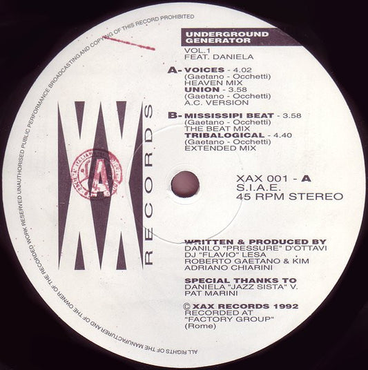Image of Front Cover of 12" - /VG+ - UNDERGROUND GENERATOR, Vol. 1 (XAX Records; XAX 001, Italy 1992), ,  - 2846038S