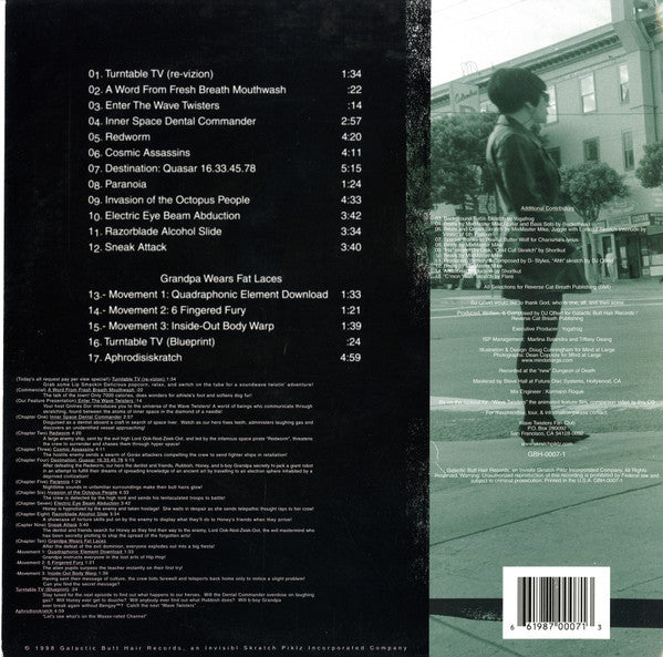 Image of Back Cover of 2xLP - VG/VG - DJ Q-BERT, Wave Twisters - Episode 7 Million: Sonic Wars Within The Protons (Galactic Butt Hair Records; GBH-0007-1, US 1998, Gatefold), ,  - 2826004E