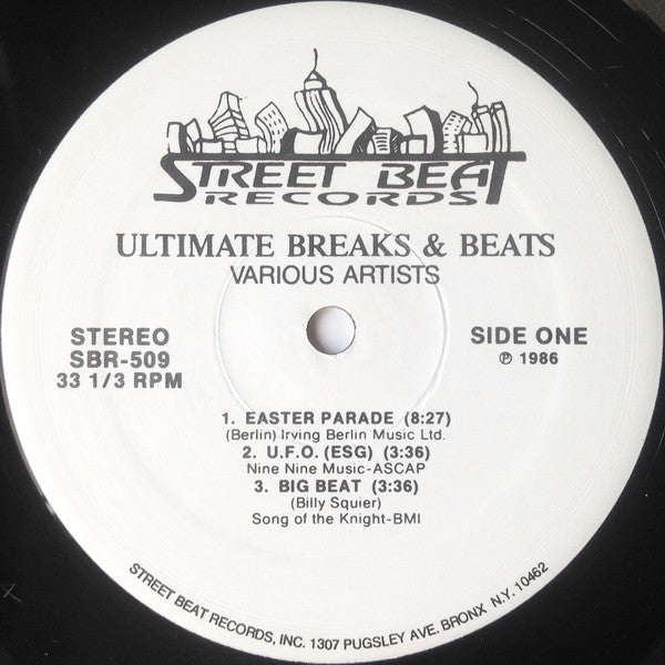 Image of Label Cover of 12" - VG/VG - VARIOUS, Ultimate Breaks & Beats (Street Beat Records ; SBR 509, US 1986, Unofficial Release), A few marks but plays well, A1	Ingrid   Easter ParadeA2	ESG  	U.F.O.A3	Billy Squier   Big BeatB1	Liquid Liquid  	 CavernB2	Mountain   Long RedB3	The Whole Darn Family   Seven Minutes Of Funk - 2726238E