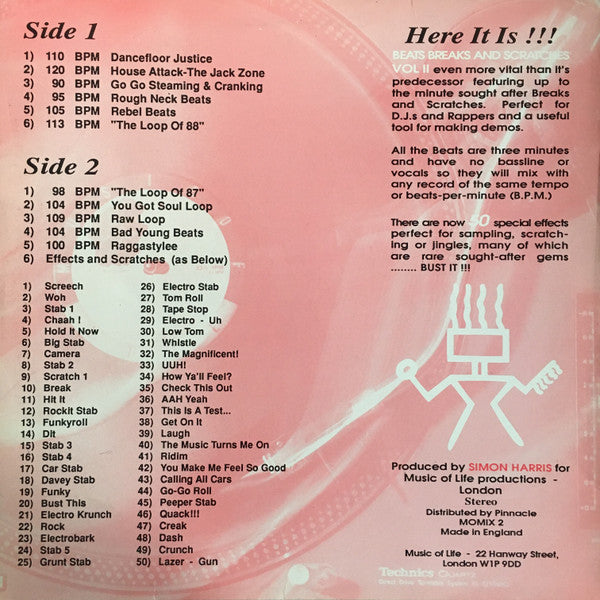 Image of Back Cover of LP - VG/VG+ - SIMON HARRIS, Beats, Breaks & Scratches Volume 2 (Music Of Life; MOMIX 2, UK 1988, Picture Sleeve), Very clean copy, sleeve has minor wear and sticker mark to top R,  - 2826017E