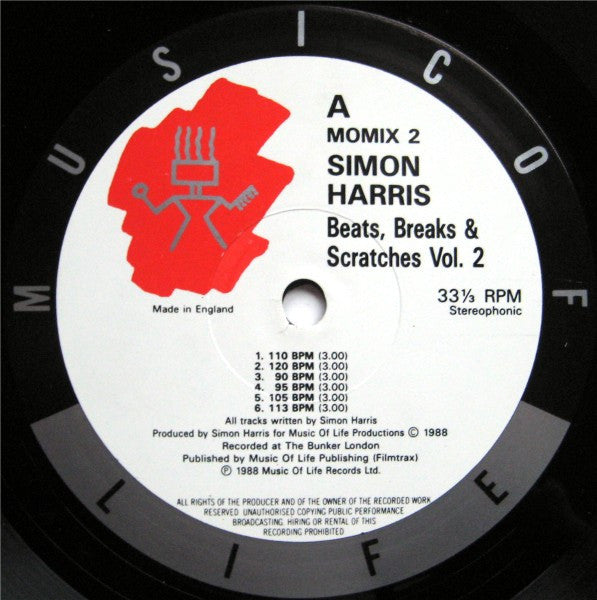 Image of Label Cover of LP - VG/VG+ - SIMON HARRIS, Beats, Breaks & Scratches Volume 2 (Music Of Life; MOMIX 2, UK 1988, Picture Sleeve), Very clean copy, sleeve has minor wear and sticker mark to top R,  - 2826017E