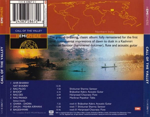 Image of Back Cover of CD - VG+/VG+ - SHIVKUMAR SHARMA, HARIPRASAD CHAURASIA, BRIJBHUSHAN KABRA, Call Of The Valley (Hemisphere; 7243 8 32867 2 0, US 1995, Jewel Case), ,  - 2816026C