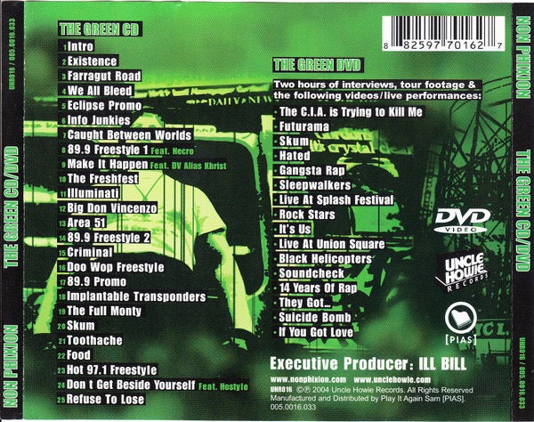 Image of Back Cover of 2xCD - VG+/VG+ - NON PHIXION, The Green CD/DVD (Uncle Howie Records; UHR016, Europe 2004, Double CD Case), Hype Sticker on Front ,  - 2816048C