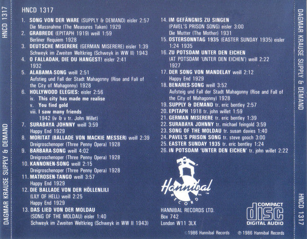 Image of Back Cover of CD - VG+/VG+ - DAGMAR KRAUSE, Supply & Demand - Songs By Brecht/Weill & Eisler (Hannibal Records; HNCD 1317, UK 1986, Jewel Case), ,  - 2836031E