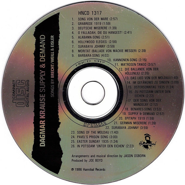 Image of Label Cover of CD - VG+/VG+ - DAGMAR KRAUSE, Supply & Demand - Songs By Brecht/Weill & Eisler (Hannibal Records; HNCD 1317, UK 1986, Jewel Case), ,  - 2836031E