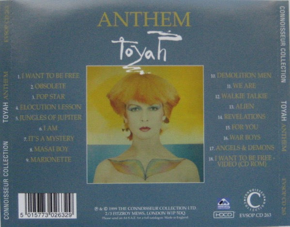 Image of Back Cover of CD - VG+/VG+ - TOYAH, Anthem (Connoisseur Collection; EVSOP CD 263, UK 1999, Jewel Case), Signed,  - 2816067C
