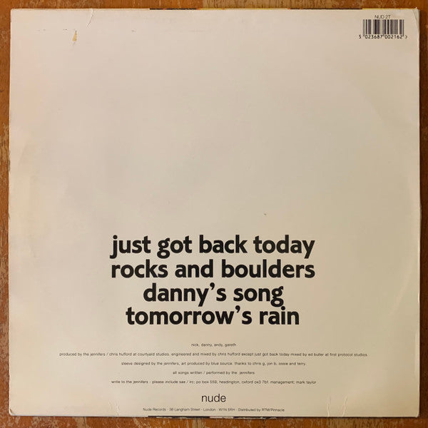 Image of Back Cover of 12" EP - VG/G+ - THE JENNIFERS, Just Got Back Today (Nude Records; NUD 2T, UK 1992, Picture Sleeve, Pre-Supergrass), Light marks only.,  - 2816071C