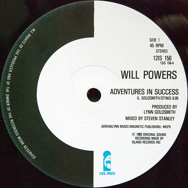 Image of Label Cover of 12" - VG/VG+ - WILL POWERS, Adventures In Success / Dub (Island Records; 12 IS 156, UK 1983), Stickered Sleeve,  - 2846075S