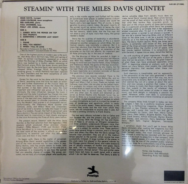 Image of Back Cover of LP - VG/VG+ - THE MILES DAVIS QUINTET, Steamin' With The Miles Davis Quintet (Original Jazz Classics; OJC-391, US 1989 Reissue), ,  - 2826023E