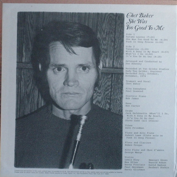 Image of Back Cover of LP - G+/VG - CHET BAKER, She Was Too Good To Me (CTI Records; CTI 6050 S1, US 1974, Gatefold), 4cm split to sleeve open side. Minor corner bumps.,  - 2826043E